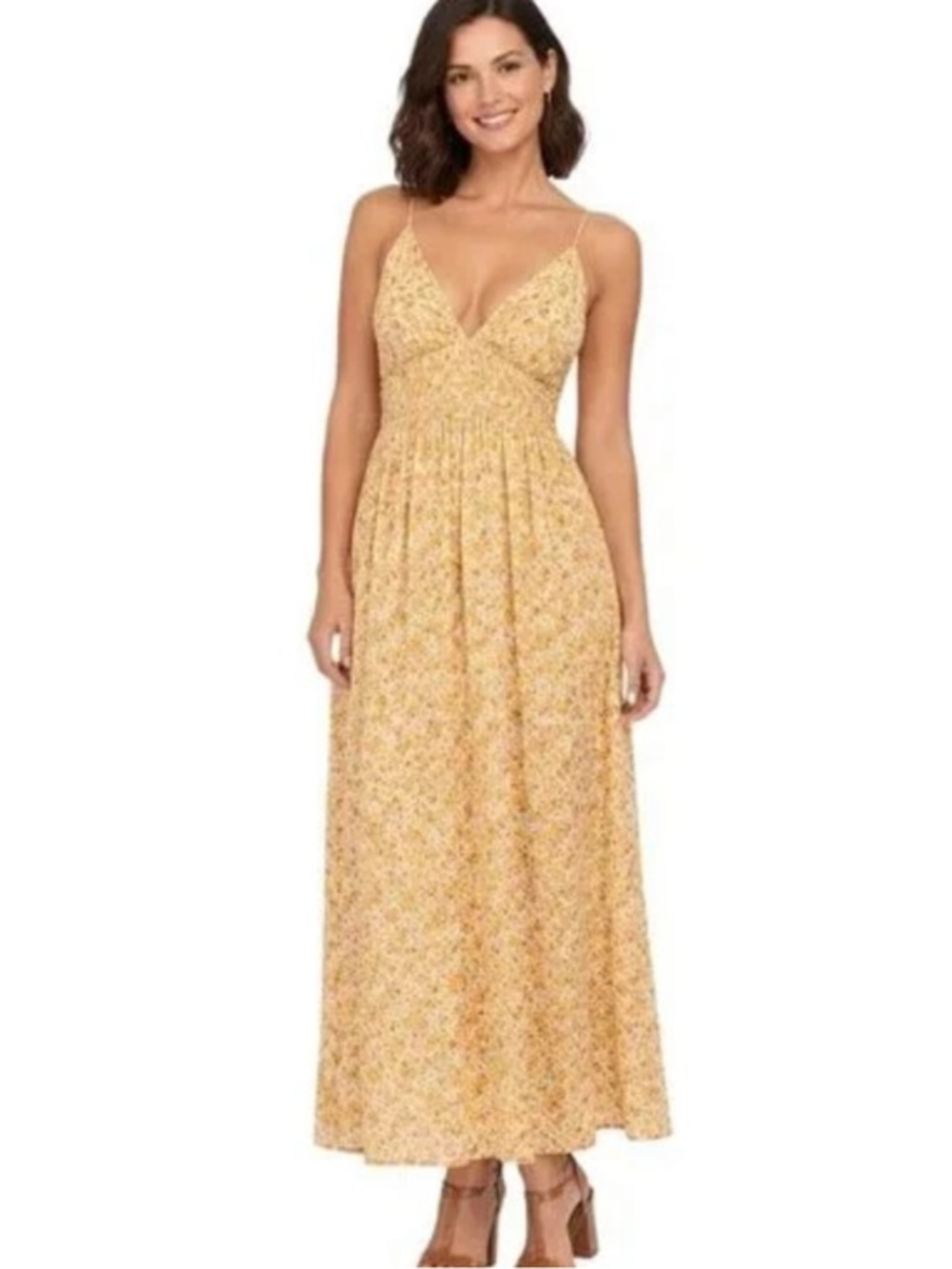 NWOT Treasure & Bond Pale Yellow Floral Smocked V-Neck Maxi Dress - Picture 1 of 11
